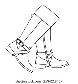 Women's Knee High Tall Riding Boots with Low Heel Buckle Calf Boot Shoes Line art, Technical sketch hand drawing outline vector doodle illustration side view isolated on white background