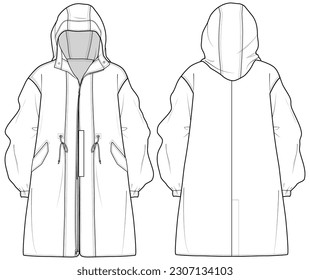 womens knee length hooded trail jacket flat sketch vector illustration front and back view waterproof rain coat technical cad drawing template