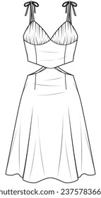 womens knee length spaghetti strap v neck sundress flat sketch vector illustration technical cad drawing template