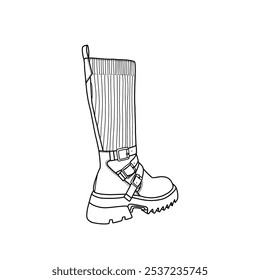 Las botas hasta la rodilla de las mujeres botas de tacón grueso y puntera redonda botas altas con hebillas arte de línea Bosquejo técnico dibujo a mano delineado Vector doodle ilustración vista lateral. Aislado en un fondo blanco