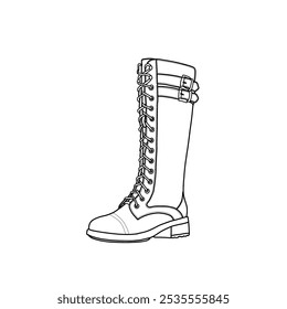 Women's knee-high boots heel riding boots round toe side zipper biker line art, Technical sketch hand-drawing outline vector doodle illustration side view isolated on a white background