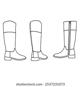 Women's knee-high boots heel riding boots round toe side zipper biker line art. Technical sketch hand-drawing outline vector doodle illustration side and back view isolated on a white background