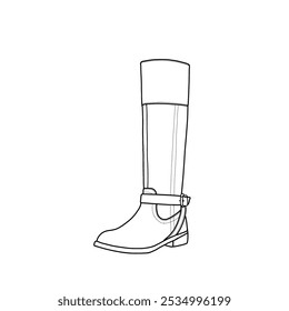 Women's knee-high tall riding boots with low heel buckle boot shoe line art, Technical sketch hand-drawing outline vector doodle illustration. Side view isolated on a white background