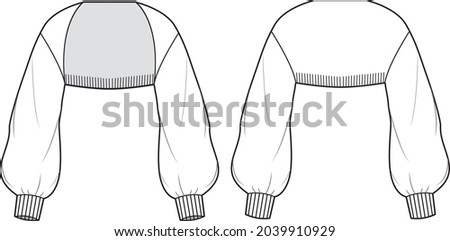 Women's Knit Bolero. Cardigan technical fashion illustration. Flat apparel cardigan template front and back, white colour. Women's CAD mock-up. Imagine de stoc © 