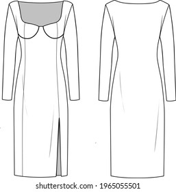 Women's Knit Dress with Corset. Dress technical fashion illustration. Flat apparel dress template front and back, white colour. Women's CAD mock-up.