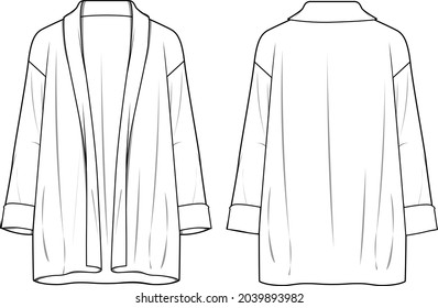 Women's Knit Kimono Cardigan. Cardigan technical fashion illustration. Flat apparel cardigan template front and back, white color. CAD mock-up.