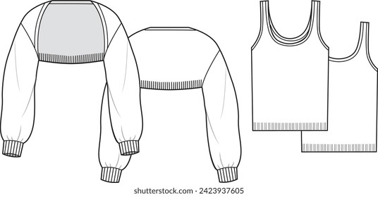 Women's Knit Shrug and Knit Top. Technical fashion illustration. Front and back, white colour. Women's CAD mock-up.