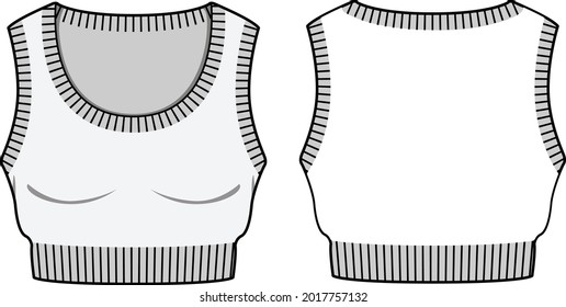 Ilustración de moda técnica Knit Vest Top. Plantilla de chaleco de vestimenta plana de frente y espalda, color blanco. Un simulacro de CAD de Unisex.