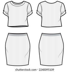 Women's knitted Crew neck Crop top T Shirt with knitted skirt flat sketch fashion illustration drawing mock up with front and back view, Matching knitted blouse top and tight skirt vector template