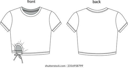Ilustración de moda técnica de Knot front Detail Top-Jersey de las mujeres.Crop fit, Flat apparel top de la plantilla de la parte delantera y trasera, coloreado. Burla de CAD de mujeres.