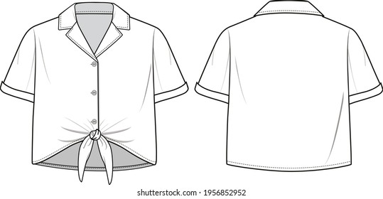 Women's Knot Hem, Button-up Short Sleeve Shirt. Shirt technical fashion illustration. Flat apparel shirt template front and back, white color. Women's CAD mock-up.