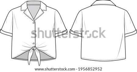 Women's Knot Hem, Button-up Short Sleeve Shirt. Shirt technical fashion illustration. Flat apparel shirt template front and back, white color. Women's CAD mock-up. Stock photo © 