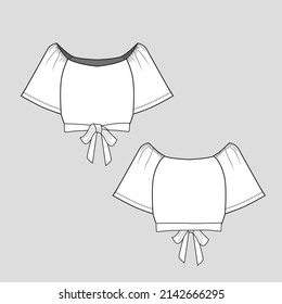 women's knot hem crop top shoulder gathering fashion flat sketch  template drawing.  design  vector