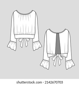 womens knot hem top gathering hem long bell sleeve ruffle fashion flat sketch.  template  drawing  design  vector