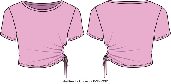 Women's Knot Side Detail Top- Jersey top technical fashion illustration. Flat apparel jersey top template front and back, colored. Women's CAD mock-up.