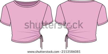 Women's Knot Side Detail Top- Jersey top technical fashion illustration. Flat apparel jersey top template front and back, colored. Women's CAD mock-up.