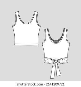 womens knotted crop top sleeveless knot hem detail at back fashion cropped flat sketch technical drawing template design vector