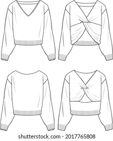 Women's Knotting Detail, Twist Back V-Neck and Boat Neck Sweater- Sweater technical fashion illustration. Flat apparel sweater template front and back, white colour. Women's CAD mock-up.