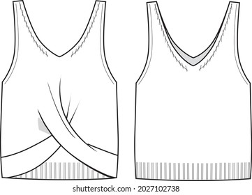 Detalle de notación de las mujeres, Giro de la ilustración técnica de moda de Knit de cuello-V delantero-cuello superior. Plantilla de la parte superior de la ropa plana, de color blanco y frontal. Burla de CAD de mujeres.