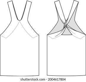 Women's Knotting Detail, V-Neck Strappy Knit Top- Top technical fashion illustration. Flat apparel top  template front and back, white colour. Women's CAD mock-up.