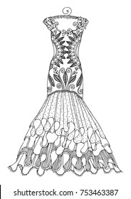 Women's lace dress on a hanger. Hand drawn illustration for coloring page, poster or invitation card design. Sketch for anti-stress colouring book in zen-tangle style. Vector picture.