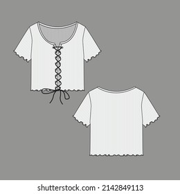 Womens Lace Up Lettuce Hem Ribbed Crop Top Henley Neck Front Lace Up. Detail Knot Crop Top T Shirt Blouse Flat Sketch Technical Drawing. Template Design Vector