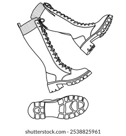 Botas altas de la rodilla del combate de la plataforma del cordón de las mujeres con el arte grueso de la línea del talón de la comodidad, bosquejo técnico dibujando a mano el bosquejo del Vector doodle ilustración vista lateral e inferior aislada en el fondo blanco