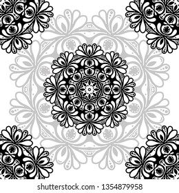Women's lace seamless brush tape. Floral exquisite vintage pattern, wide handmade ornament. Ethnic fabrics, motifs for clothing, clothing, packaging, signage and website. black-white. Vector EPS 10