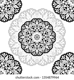 Women's lace seamless brush tape. Floral exquisite vintage pattern, wide handmade ornament. Ethnic fabrics, motifs for clothing, clothing, packaging, signage and website. black-white. Vector EPS 10