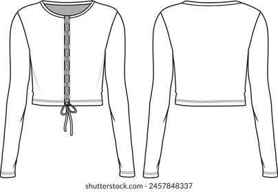 Women's Lace-up Crop Top- Technical fashion illustration. Front, white color. Women's CAD mock-up.