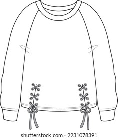 Women's Lace-up Detail Sweatshirt. Technical fashion sweatshirt illustration. Flat apparel sweat template front, white color. Women's CAD mock-up.