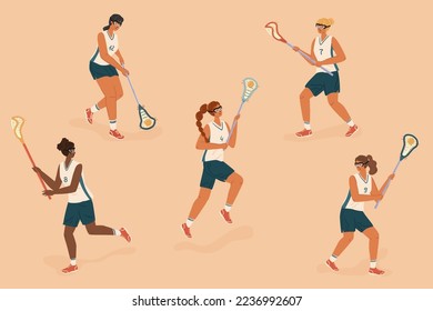 Women's lacrosse players control the ball, characters vector set. Female lacrosse players isolated figures with ball and stick