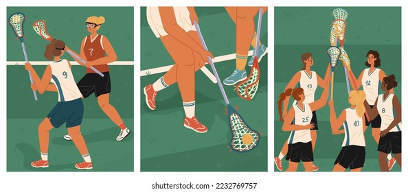 Women's lacrosse team vector posters set. Female lacrosse game players celebrating victory on a field. Lacrosse equipment, stick, ball, uniform