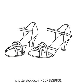 Women's Latin dance shoes, female ballroom salsa dance shoes, and an adjustable buckle at the ankle. Technical sketch hand drawing outline vector doodle illustration. Isolated on a white background