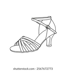 Women's Latin dance shoes heeled, ballroom salsa tango dance shoes vector line art. Technical sketch hand-drawing outline vector doodle illustration, side view isolated on white background