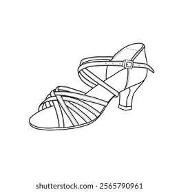 Women's latin dance shoes, salsa shoes, performance dance shoes adjustable ankle straps, open toe ankle strap shoes line art. Technical sketch hand-drawing outline vector doodle illustration