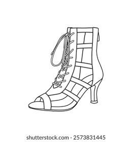 Women's Latin and salsa dance shoes with strings, open-toe ballroom dance shoes, and heel boots for women. Technical sketch hand drawing outline vector doodle illustration. 