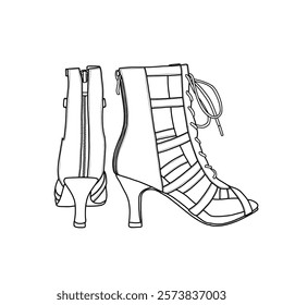 Women's latin and salsa heel boots with back zipper vector line art. Side, and back view. Technical sketch hand drawing outline vector doodle illustration. Isolated on a white background