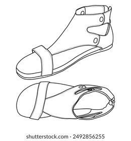 Women's Leather Dress Sandal Flat with Zipper Closure Line art, Technical sketch hand drawing outline vector doodle illustration isolated on white background