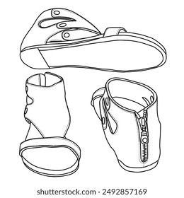 Women's Leather Dress Sandal Flat with Zipper Closure Line art, Technical sketch hand drawing outline vector doodle illustration isolated on white background