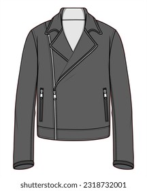 Damen-Leder-Motorrad-Jacket mit Zip-Down-Taschen Modeillustration, Vektorgrafik, CAD, Technische Zeichnung, Flach-Zeichnung, Vorlage, Mock-up.