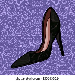 Women's leather shoe on a purple background with a pattern. Fashionable shoes in retro style. - Vector