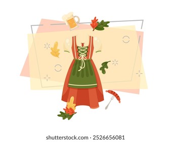 Mulheres lederhosen traje vetor ilustração. Desenho animado para design de banner. Folhas de outono, cerveja e salsicha em fundo abstrato. Oktoberfest, festival de cerveja, celebração, conceito da Alemanha