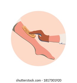 Women's leg and gloved hand - the process of removing hair from shin using sugar paste. Vector emblem in a circle. It can be used as icon or design element for beauty and SPA site, blogs of depilatio