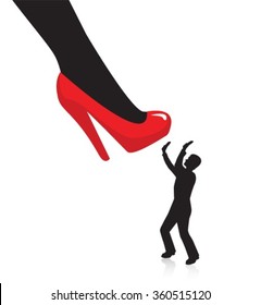 Women's Leg In High Heels Preparing To Crush A Man. Little Silhouette Of A Man Trying To Close A And Hands