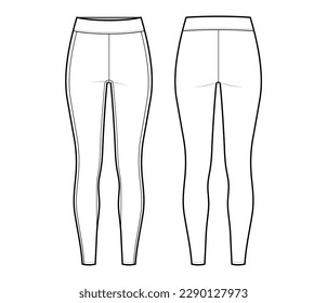 Women's leggings fashion drawing template. sports pants for fitness, yoga, and running. leggings vector fashion flat illustration. front view, back view, isolated in white, CAD mockup set.