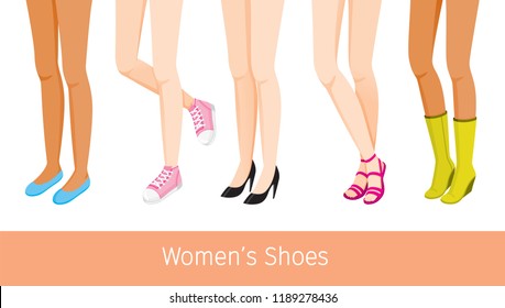 Women's Legs With Different Skin And Types Of Shoes, Women Standing, Footwear, Fashion, Objects