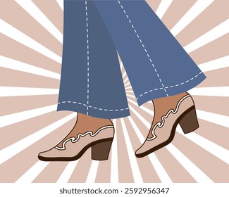 Women's legs in jeans and cowboy boots. Cowboy western theme, wild west. Illustration Groovy 70s Fashion.