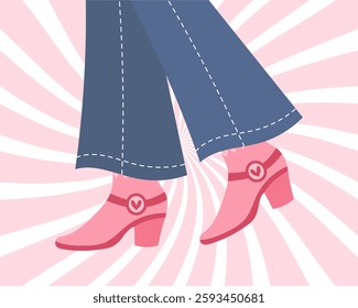 Women's legs in jeans and cowboy boots. Cowboy western theme, wild west. Illustration groovy 70s fashion design.