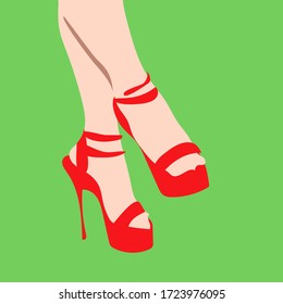 Women's legs in the red sandals. Vector flat illustration